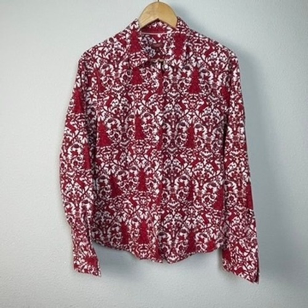 Talbots Haberdashery Red White Christmas Tree Deer Print Button Up Shirt Size 14